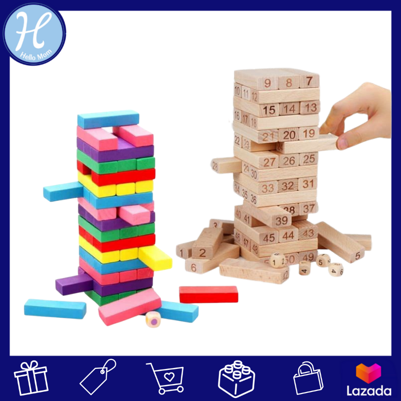 HelloMom ของเล่นไม้  เกมตึกถล่มไม้ตัวเลข 54 ชิ้น พร้อมลูกเต๋า wood Intelligence Digital stack high ของเล่นเด็ก ของเล่นไม้ ของเล่นไม้เสริมพัฒนาการ ของเล่นไม้ฝึกทักษะ