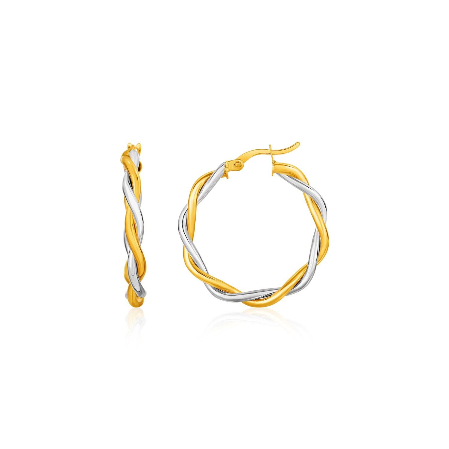 ต่างหูห่วงกลมลวดบิดทองคำทูโทนในสีเหลืองและสีขาว 10k  Round two-tone gold hoop earrings in yellow and white 10k