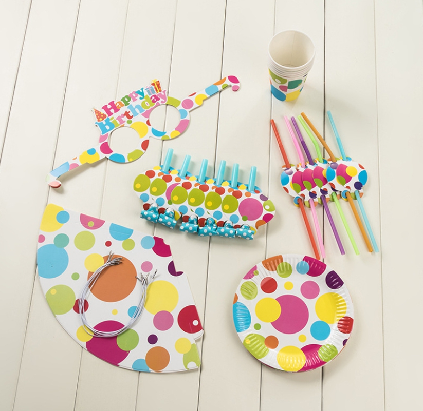 เซท ปาร์ตี้วันเกิด  จาน แก้ว หลอด หมวก แว่น นกหวีด ลายจุด Colorful Polka Dots Birthday Party Paper Set Dishes Cups Straws Glasses Whistles