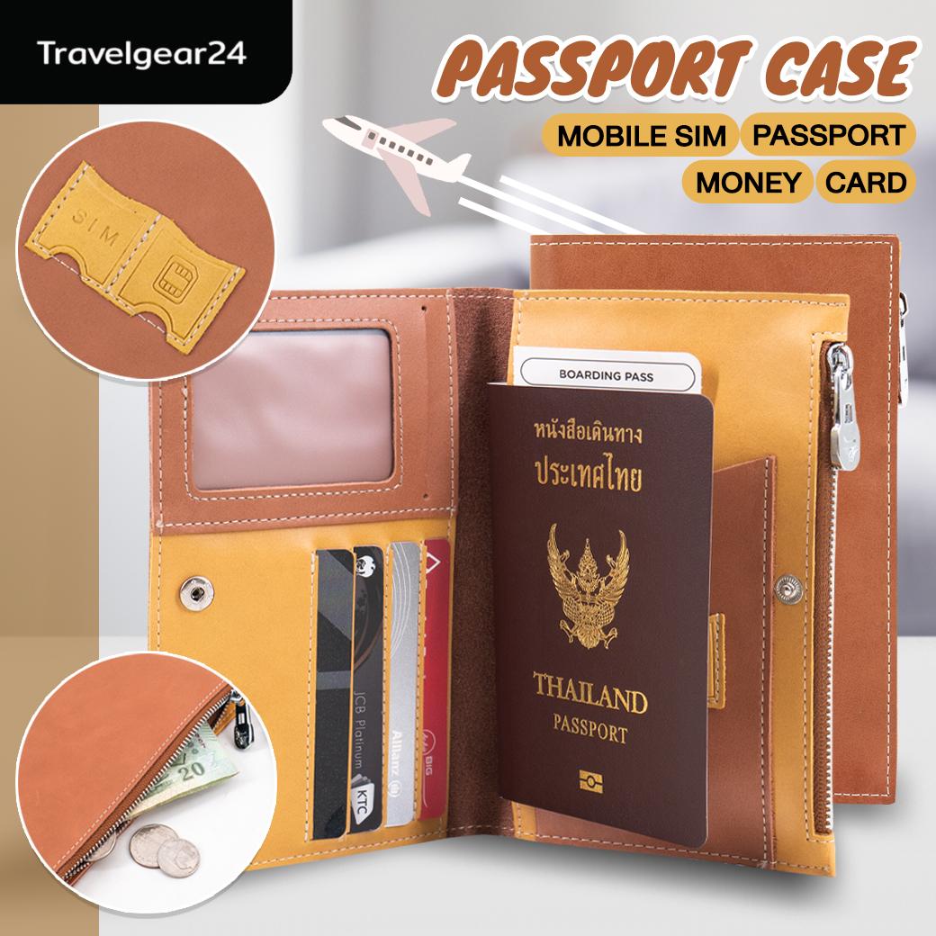TravelGear24 กระเป๋าพาสปอร์ต หนังสือเดินทาง เคส มีช่องใส่ ซิมการ์ด บัตร เงิน หนังแท้ Travel Passport Case Cover Money Card Mobile SIM - A0218