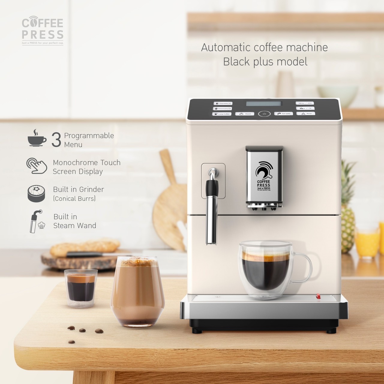 เครื่องชงกาแฟสด เอสเปรสโซ่อัตโนมัติ Full Automatic Espresso Coffee Machine | Black Plus Model สีขาว Coffee Press ราคา 21,900 บาท*ส่งฟรี