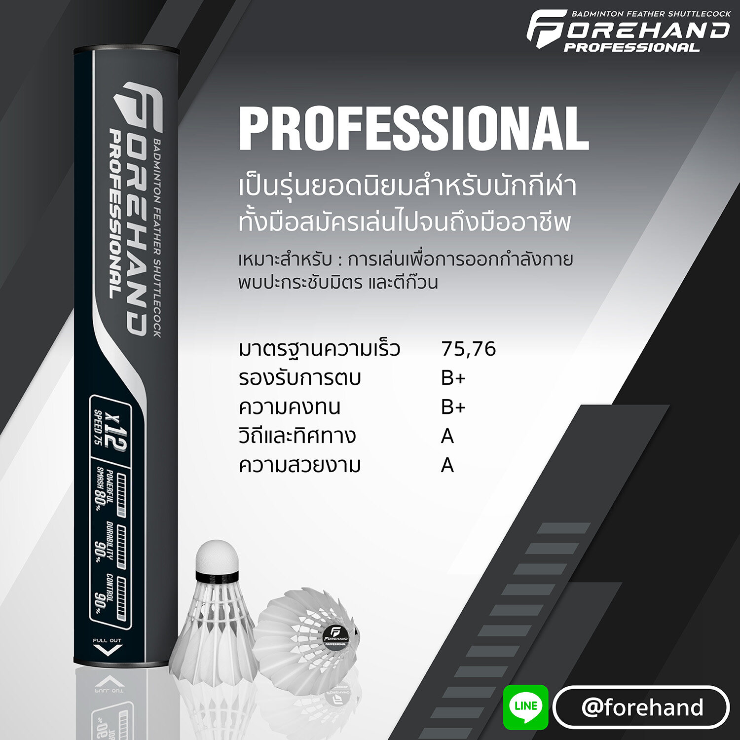 ลูกแบดมินตัน Forehand รุ่น Professional (หลอดสีเทาดำ)