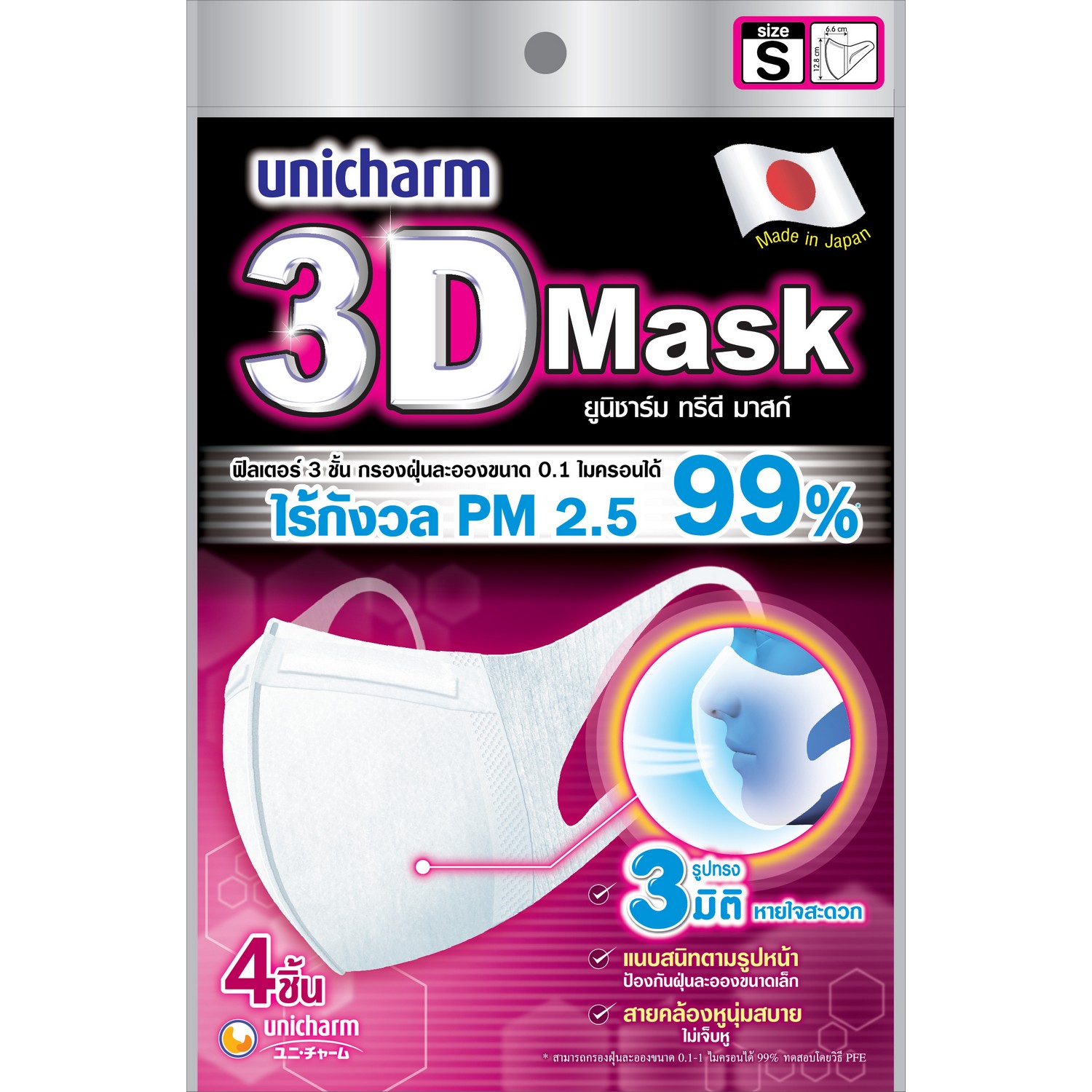3D Mask ทรีดี มาส์ก หน้ากากอนามัยสำหรับผู้ใหญ่ ขนาด S จำนวน 4 ชิ้น