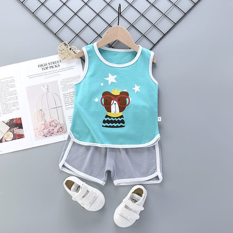 Babyonline(Y230)I4ชุดเช็ทเสื้อกล้ามและกางเกงสำหรับเด็กลายการ์ตูนน่ารักๆ