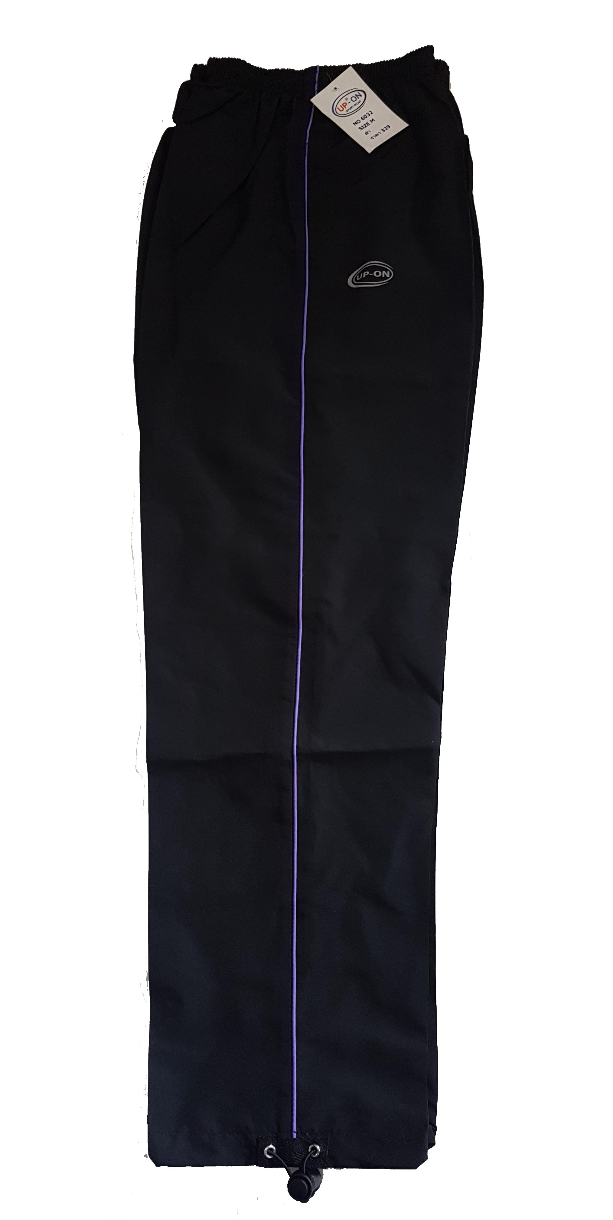 กางเกงผ้าร่มขายาว สีดำ แถบเส้นเดียว ยี่ห้อ UP-ON  Made in Thailand! ใส่ได้ทุกเพศทุกวัย ไม่มีซัพใน