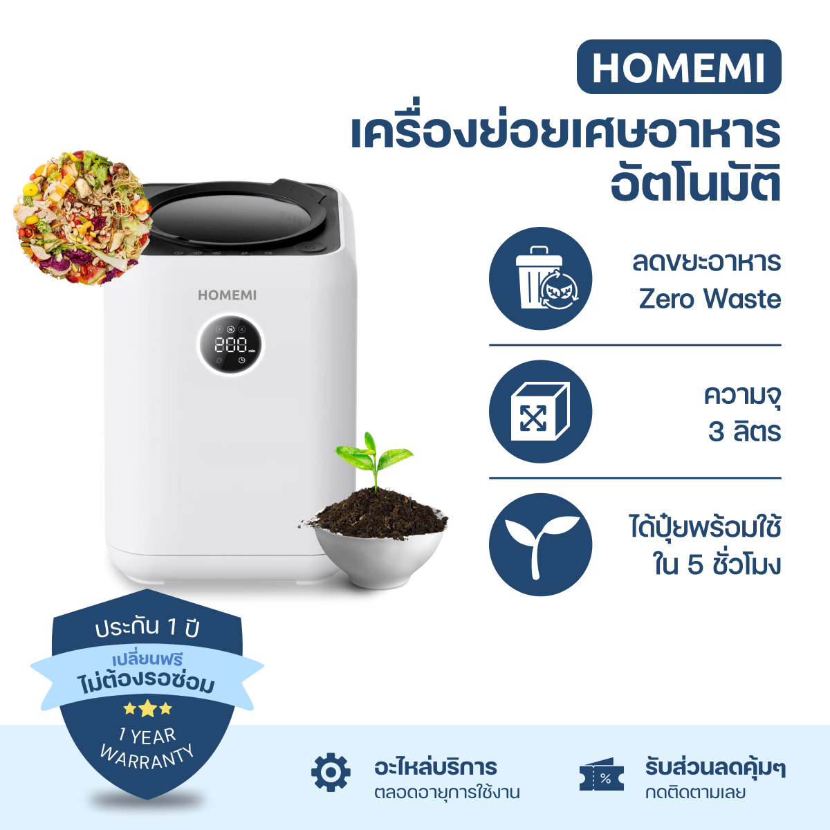 Homemi เครื่องย่อยเศษอาหารอัตโนมัติ Food Waste Composter เครื่องกำจัดเศษอาหารความจุ 3 ลิตร รุ่น HM0080-P-WH ราคา 7,990 บาท*ส่งฟรี