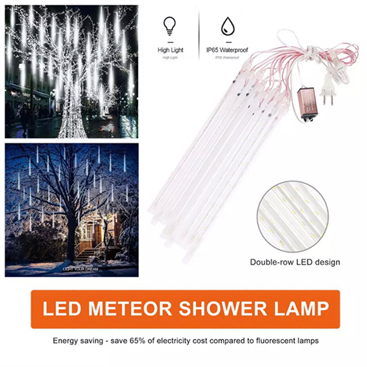 หลอดไฟดาวตก LED ชุด 8 แท้ง ยาว 80cm กันน้ำ ต่อกันได้ หลอดไฟวิ่ง ไฟประดับตกแต่งต้นไม้ ร้าน งาน ในสวน คริสต์มาส