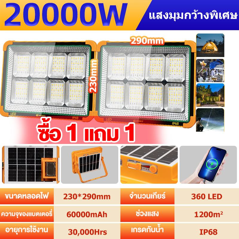 KKSKY【สว่างมาก กันน้ำ】ไฟโซล่าเซลล์ 8000W 20000W ไฟฉุกเฉินพกพา ชาร์จ USB ไฟแคมป์ ไฟบ้าน กันฟ้าผ่า IP68 ปรับความสว่างได้ เปลี่ยนสีได้ 4 สี