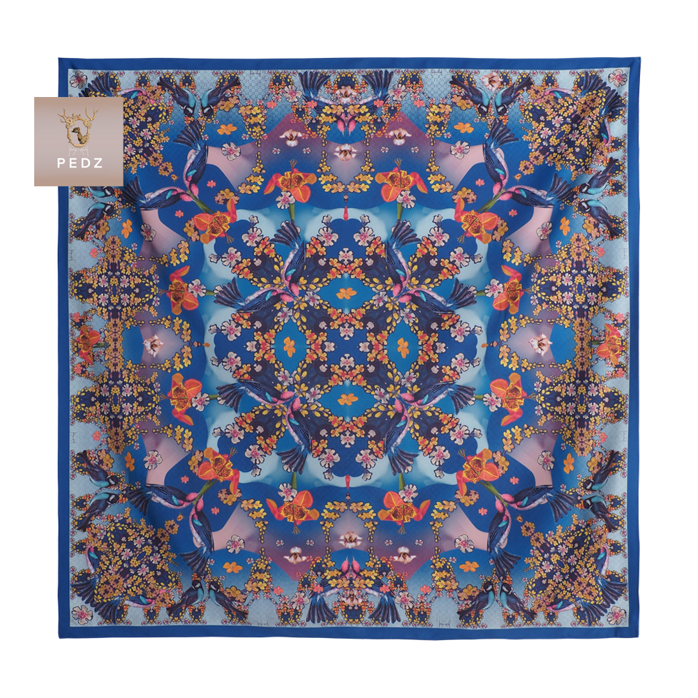 PEDZ Blue Bird & Zinnia Silk Satin Premium Scarf ราคา 1,490 บาท*ส่งฟรี