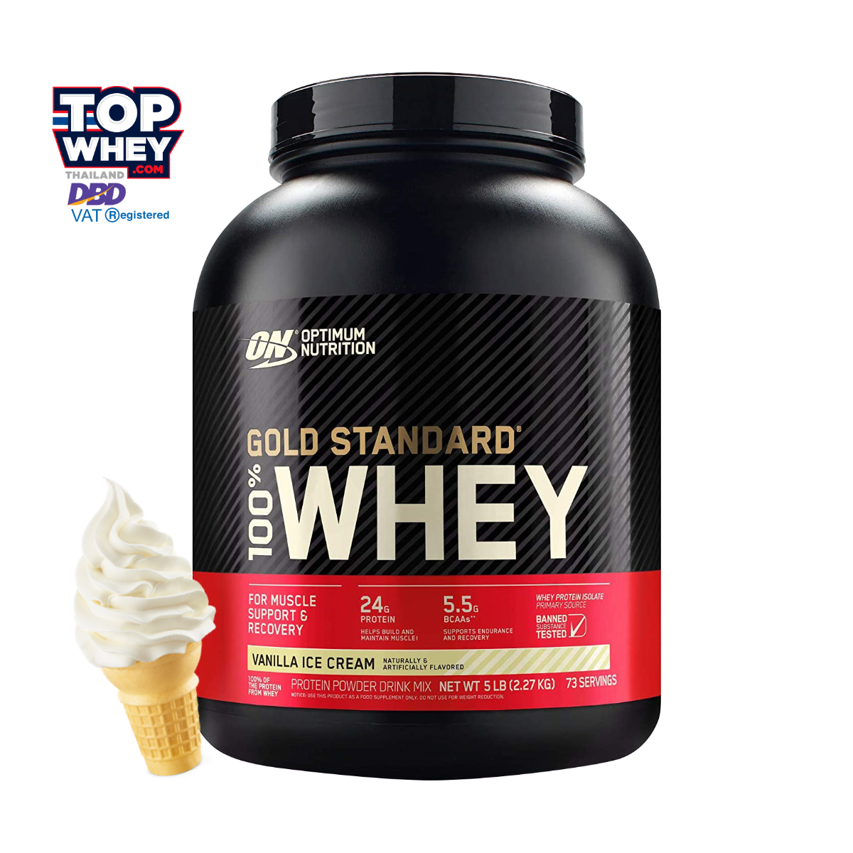 ผลิตภัณฑ์เพื่อสุขภาพ Optimum Nutrition Gold Standard 100% เวย์โปรตีน 5LB - ไอศกรีมวานิลลา ราคา 3,989 บาท*ส่งฟรี