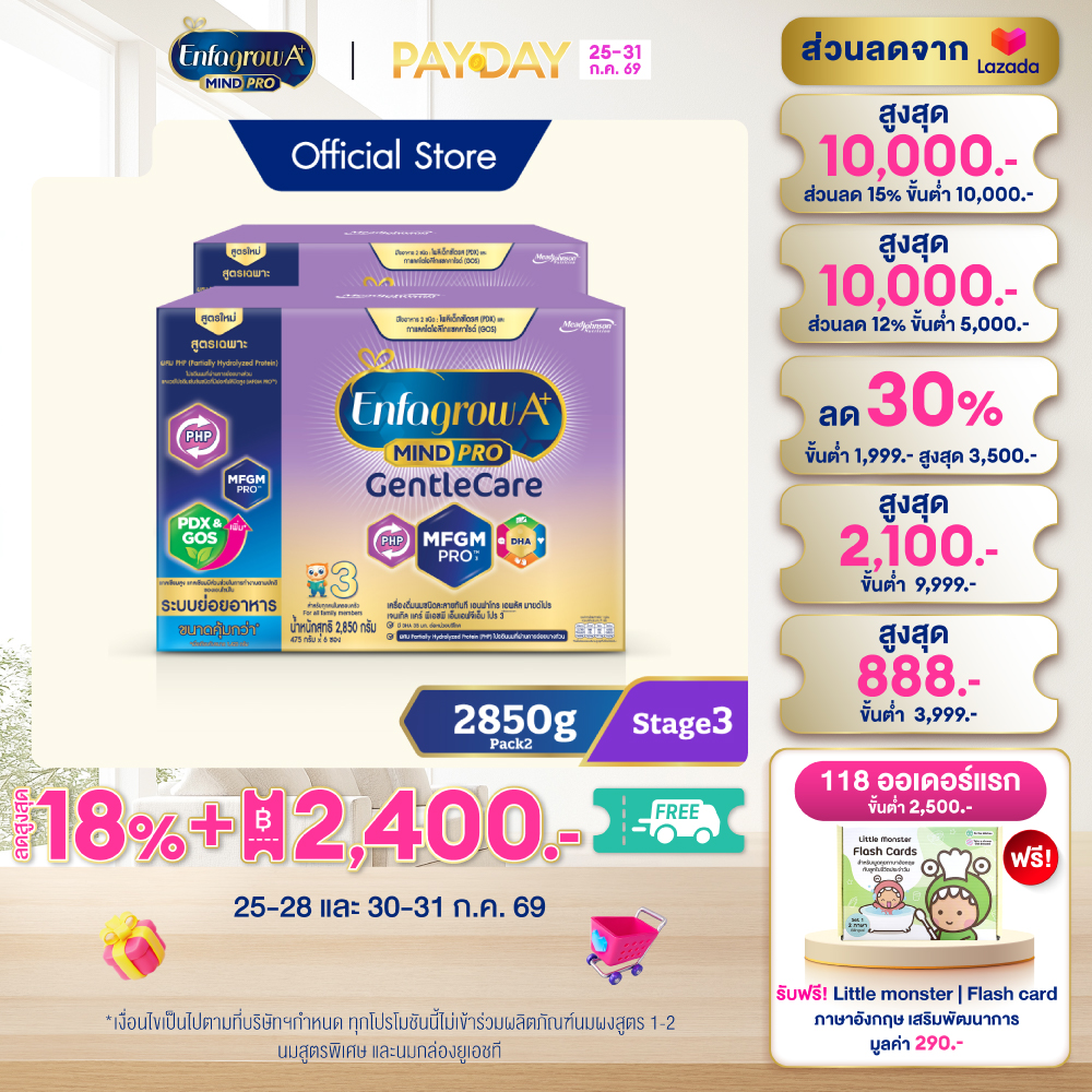 นมผง เอนฟาโกร เอพลัส มายด์โปร เจนเทิล แคร์ สูตร3 (2850 กรัม) x2 กล่อง Enfagrow A+ MindPro Gentle Care Stage3 (2850 g) x2 packs *แพ็คเกจอยู่ระหว่างการเปลี่ยนแปลง