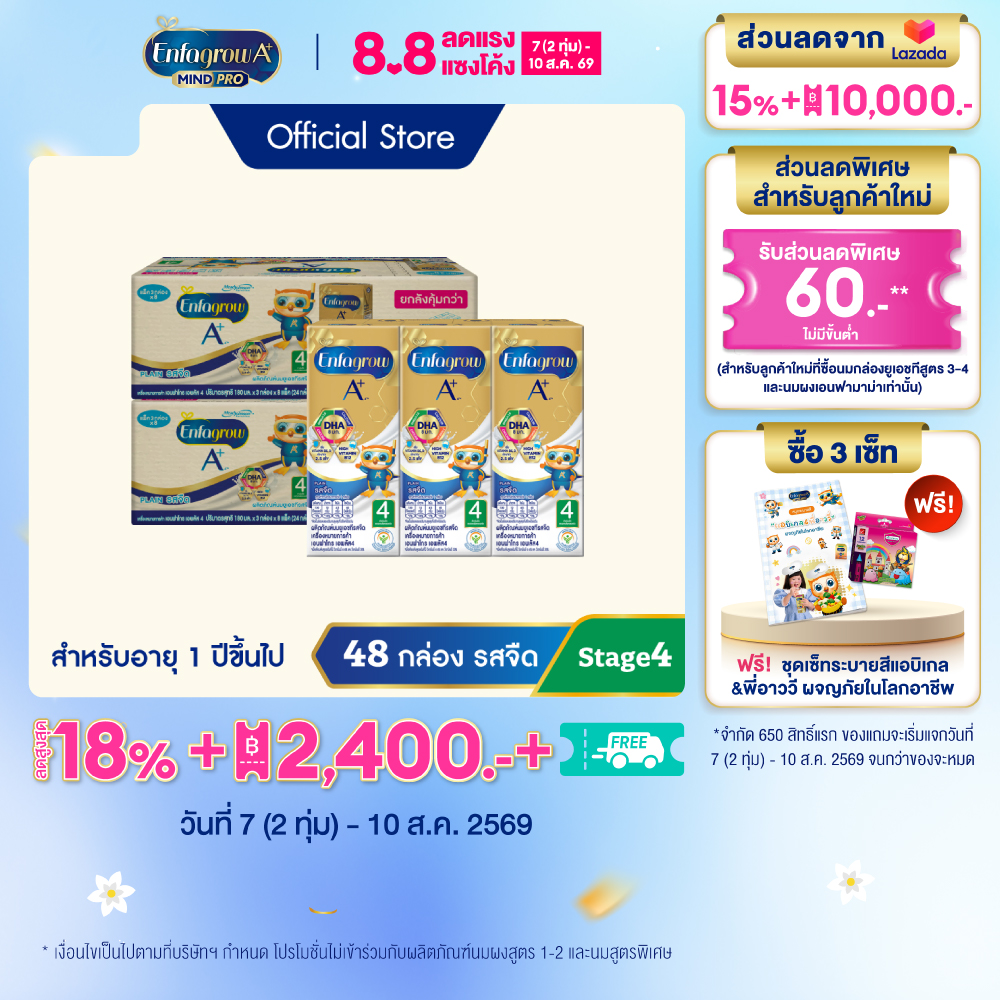 นมกล่อง เอนฟาโกร ยูเอชที สูตร4 ชนิดจืด (24 กล่อง) x2 ลัง Enfagrow UHT Stage4 Plain (24 boxes) x2 cases *แพ็คเกจอยู่ระหว่างการเปลี่ยนแปลง