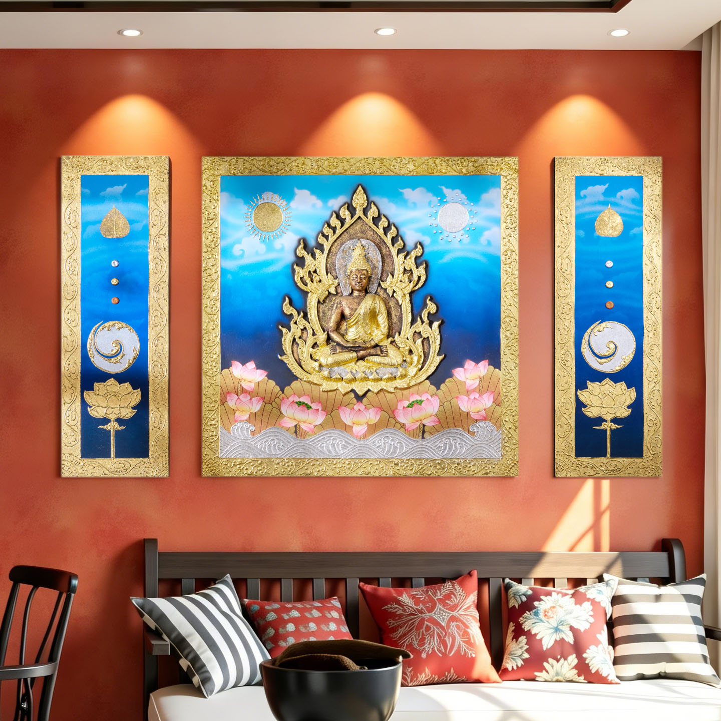 Decorative Images of Buddha Statues That Enhance Good Luck. Thai Style Art, Bright and Beautiful Colors, Suitable for Hanging in Temples, Living Rooms, Spa Shops, Resorts, Adding Tranquility and Warmth to the Home. ราคา  7,999 บาท*ส่งฟรี