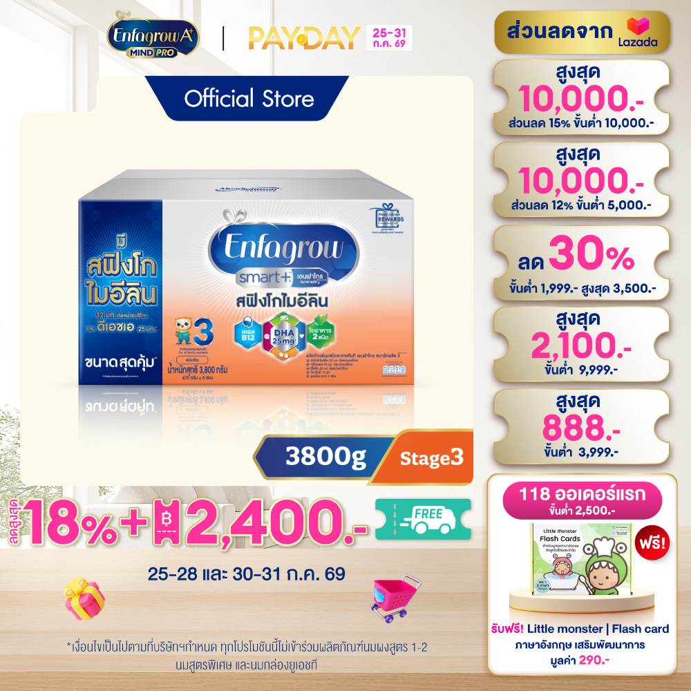นมผง เอนฟาโกร สมาร์ทพลัส ดีเอชเอ/สฟิงโกไมอีลินมากกว่า* สูตร3 ชนิดจืด (3800 กรัม) Enfagrow Smart+ Stage3 Plain (3800 g) *แพ็คเกจอยู่ระหว่างการเปลี่ยนแปลง