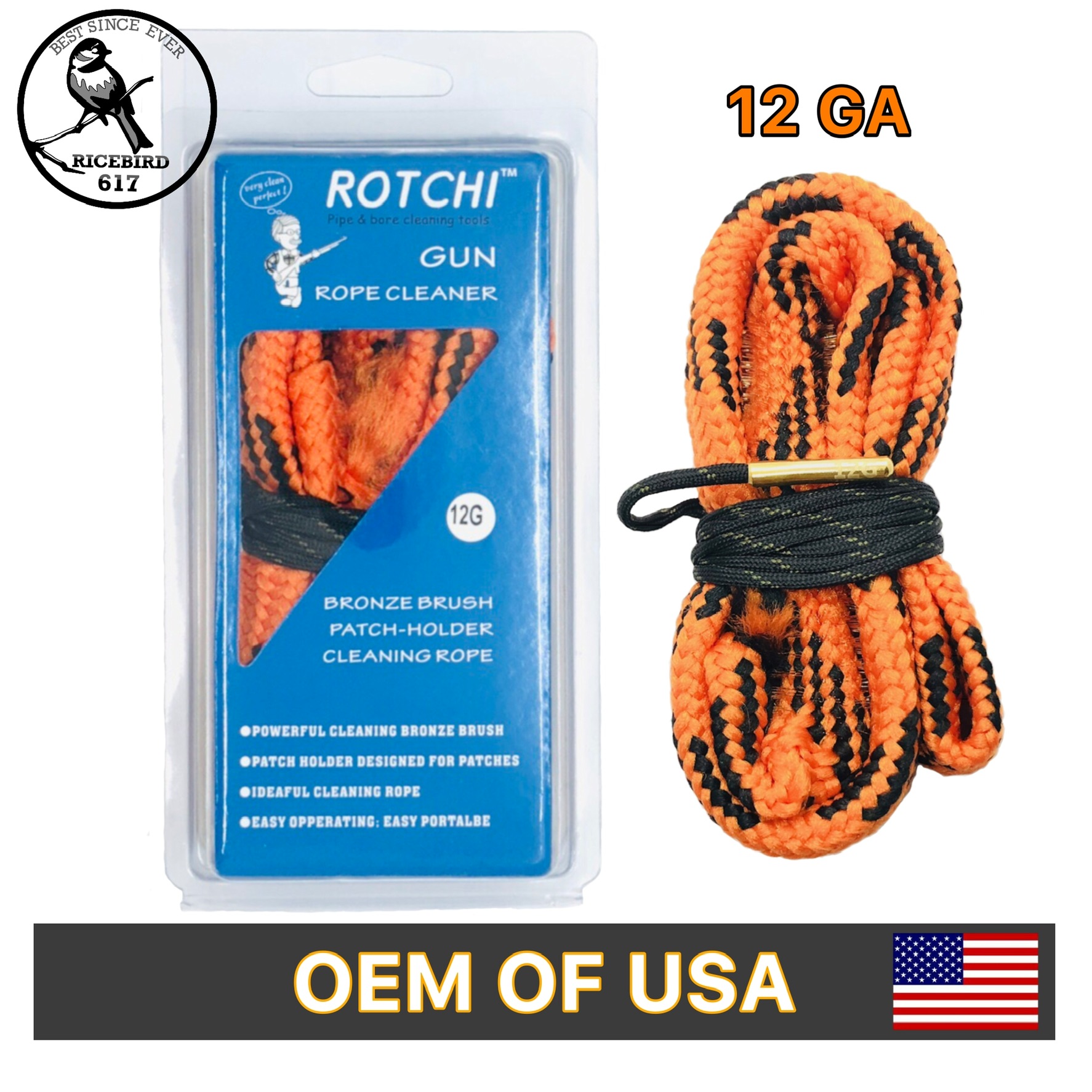 Rotchi Bore Snake แส้งู  ทำความสะอาดลำกล้องปืน  .17 .22 .223/5.56 .308 .357/ .38/9 mm .45  ลูกซองขนาด 12 GA เป็นงาน OEM จากโรงงานที่ทำส่งแบรนด์ใน USA