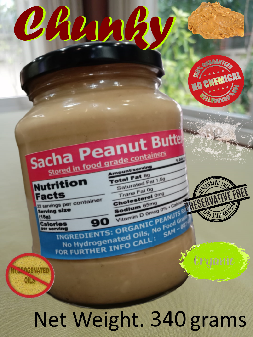 Sacha Peanut Butter (Chunky) All Natural Organic (340 grams) - Free Delivery, ซาช่า-เนยถั่ว (ส่งฟรี)