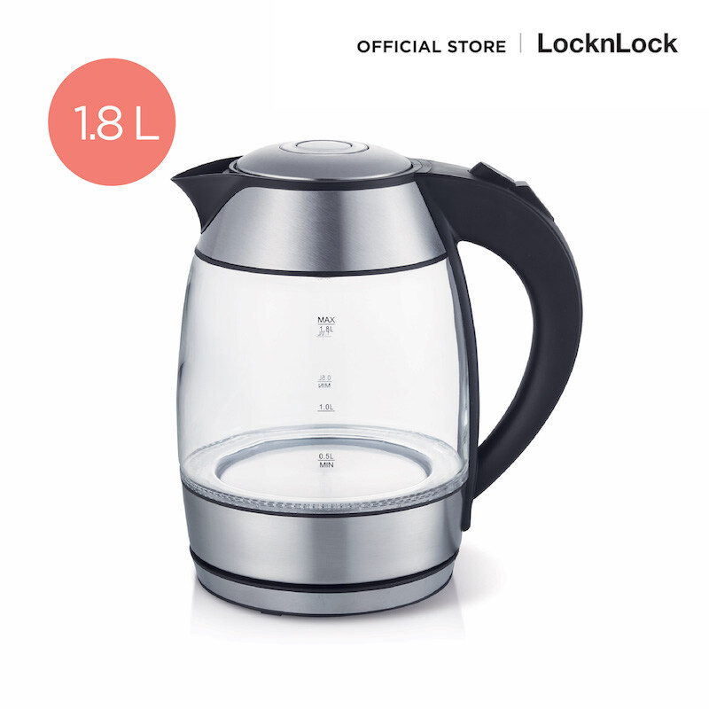 LocknLock กาน้ำร้อนแก้วแบบใส ทนความร้อน Borosilicate Glass ร้อนเร็ว กำลังไฟ 2220 วัตต์ ความจุ 1.8L รุ่น EJK418SLV ราคา 1,073 บาท*ส่งฟรี