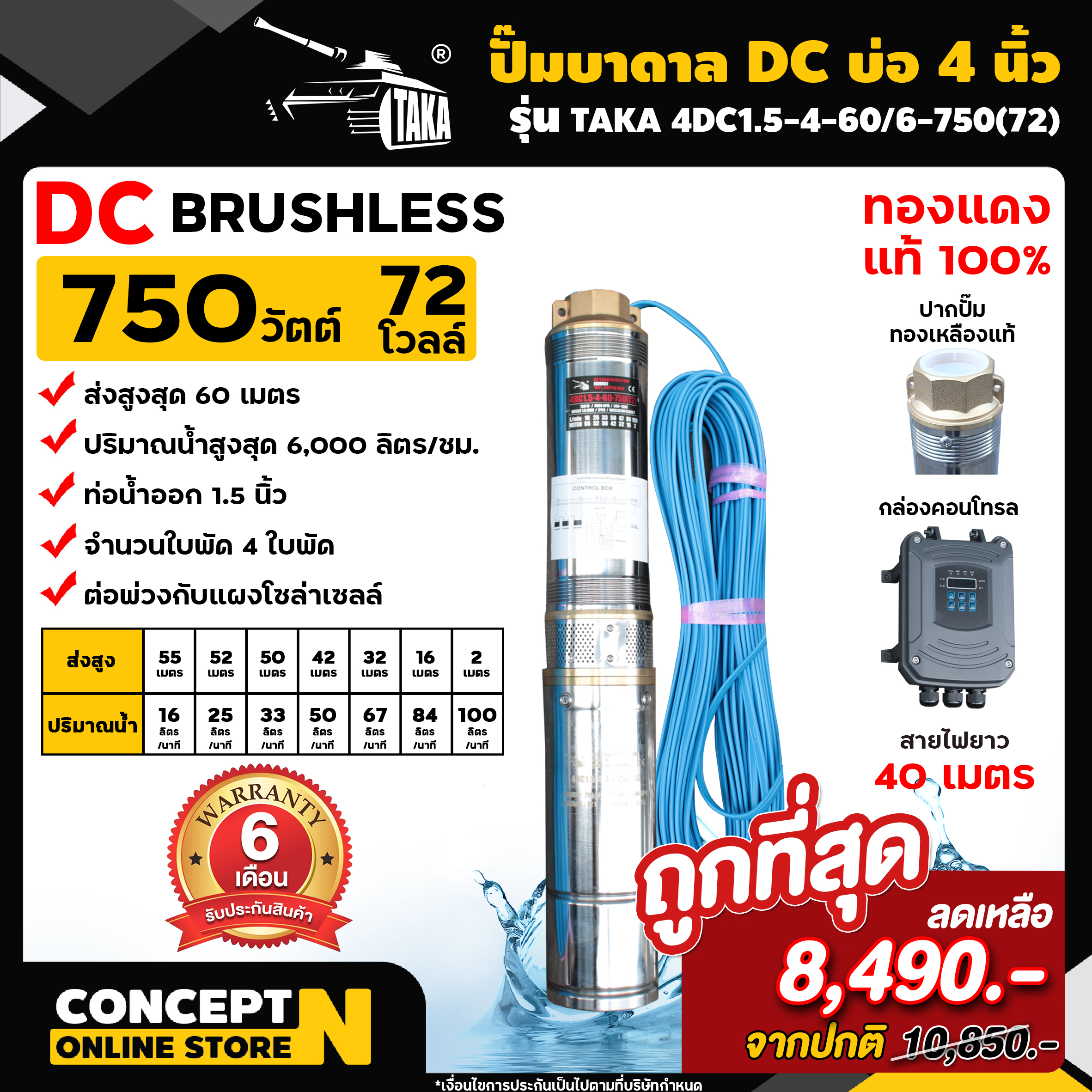 ปั๊มบาดาล DC รุ่น TAKA 4DC1.5-4-60/6-750(72) 750 วัตต์ รูท่อ 1.5 นิ้ว มีกล่องคอนโทรล (ไม่รวมแผง) โซล่าเซลล์ สำหรับลงบ่อ 4 นิ้ว สินค้ามาตรฐาน Concept N ราคา 7,750 บาท*ส่งฟรี