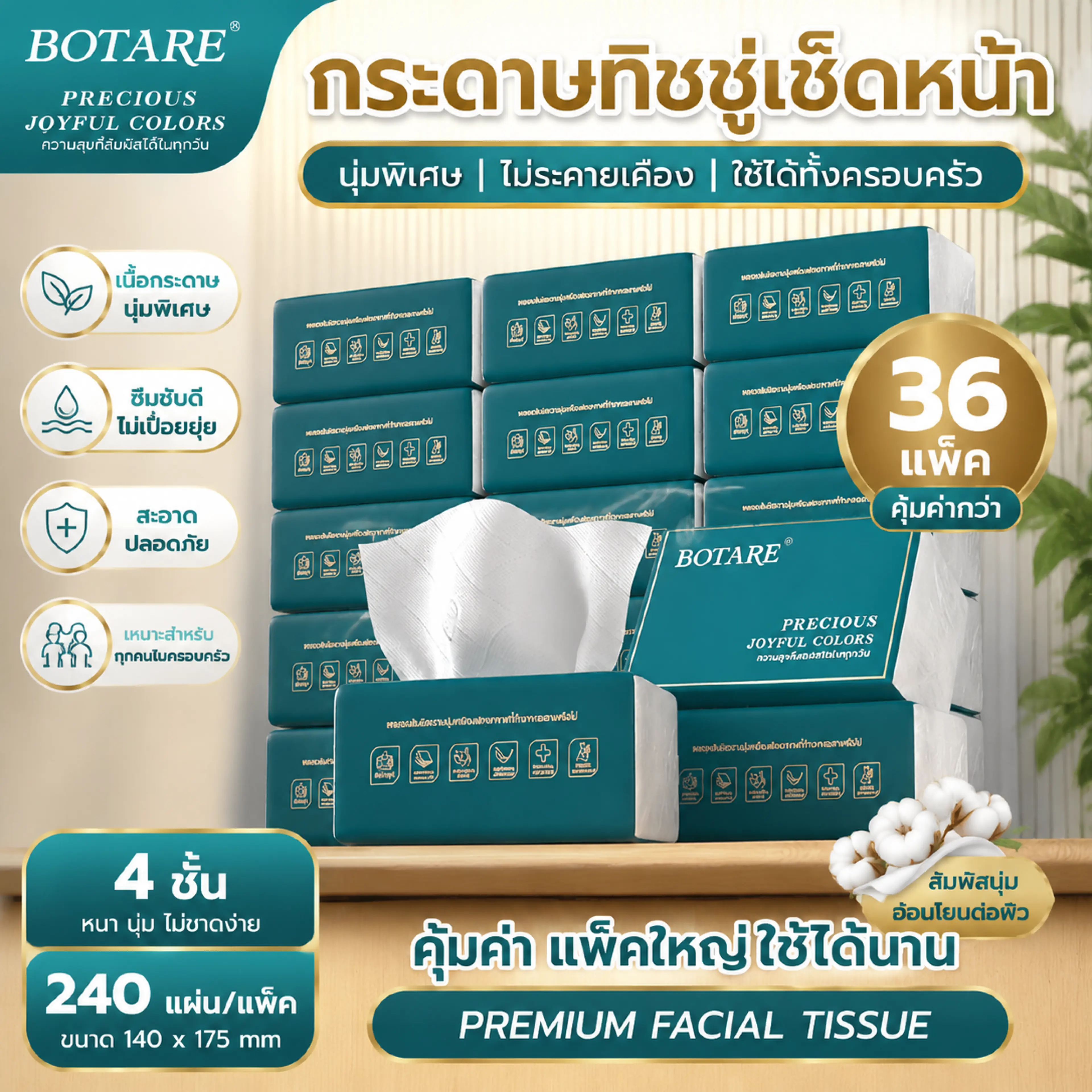 Botare Tissue Packs, Tissue Paper, Facial Tissue, 36 Packs, 4 Layers Thick, 240 Sheets Per Pack, Soft, Tissue Paper Packs, Tissue Paper by the Box.