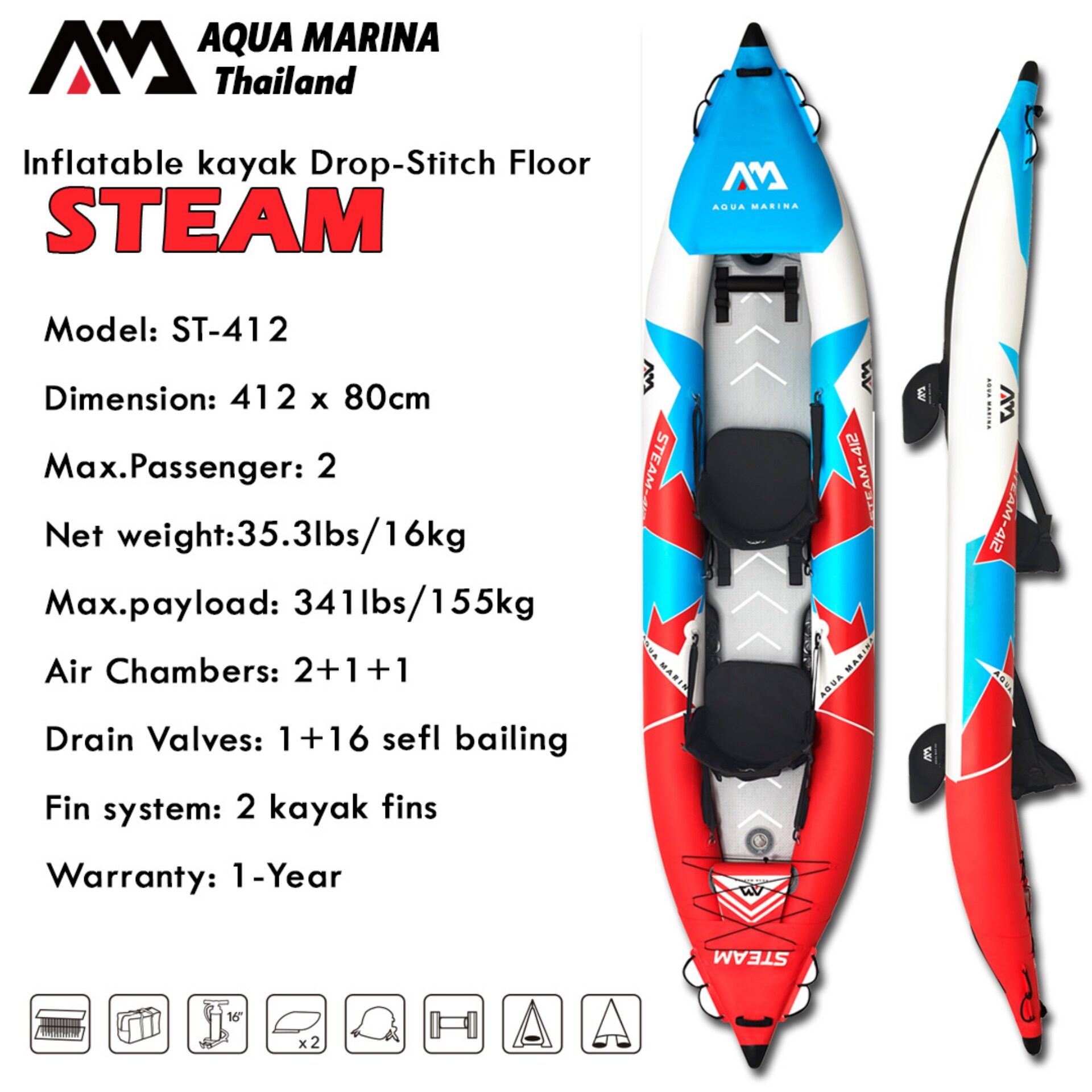 Aqua Marina STEAM ST-412 Drop-Stitch Floor Inflatable Air Kayak Boat Canoe 2 Person AquaMarina เรือคายัค เรือยาง