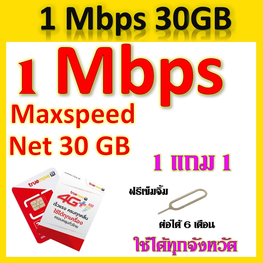 โปรเทพ 1 Mbps 30GB Maxspeed เติมเงินเดือนละ 100 บาท แถมฟรีเข็มจิ้มซิม 1 แถม 1