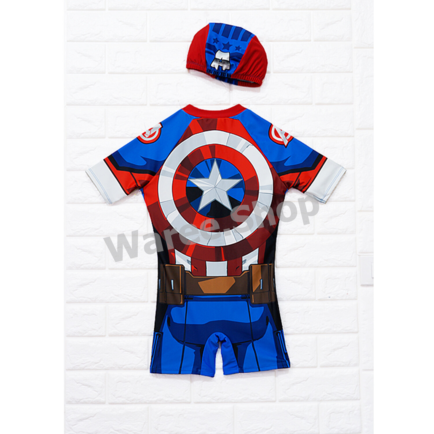 ชุดว่ายน้ำ เด็กชาย กัปตันอเมริกา ลิขสิทธ์แท้ Captain America (Avenger)  แถมหมวก กับ ถุงใส่ชุดว่ายน้ำ ชุดว่ายน้ำเด็กชาย ว่ายน้ำเด็ก เสื้อว่ายน้ำ