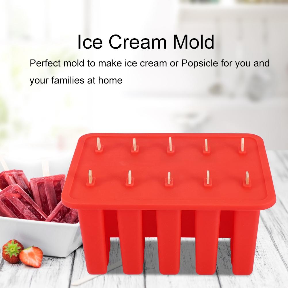 10 Cells Silica Gel Ice Cream Mold เครื่องทำไอติมพร้อมอุปกรณ์ 50 แท่ง