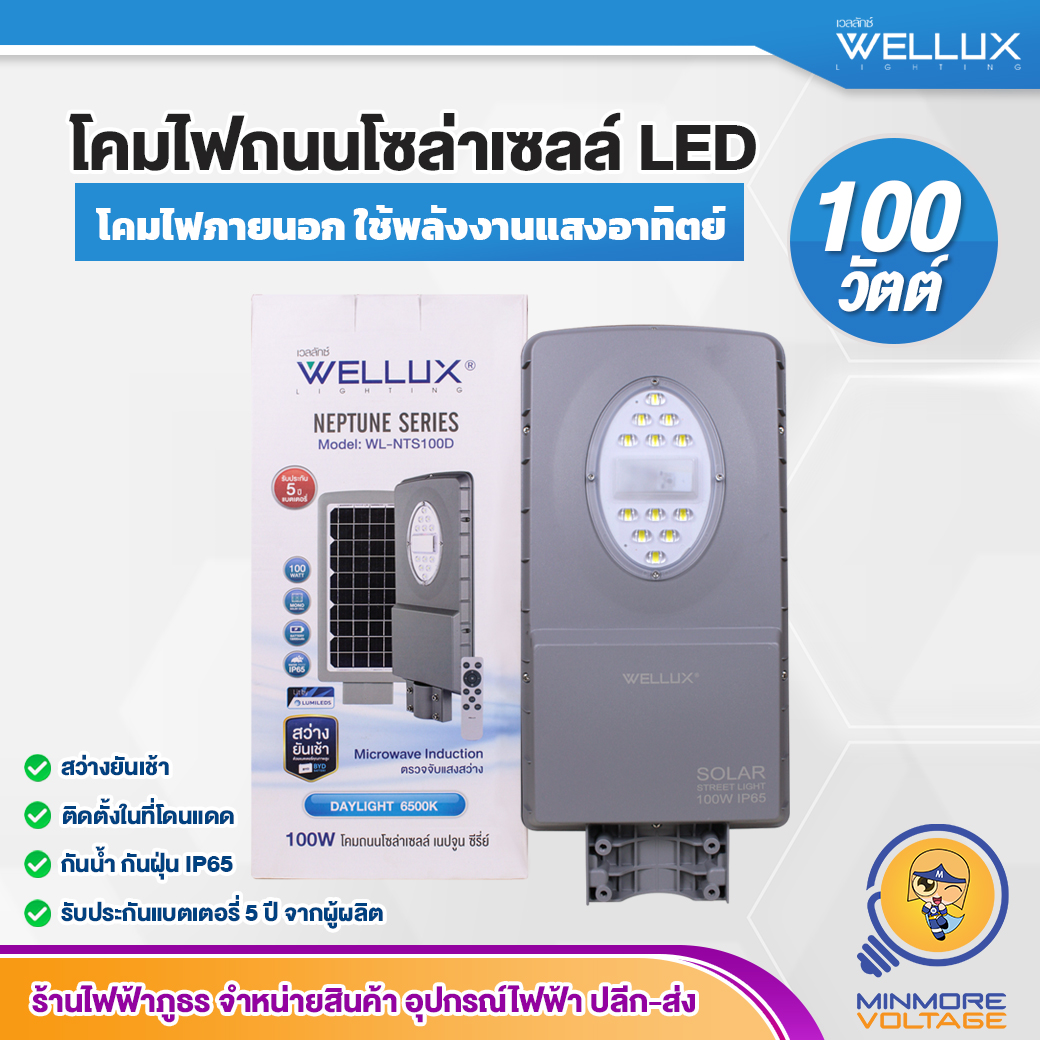 Wellux Solar Cell Street Lamp, Led 100 Watts, Waterproof, Durable Battery, Long-Term Warranty, Led Street Light Neptune Series 100W ราคา 1,600 บาท*ส่งฟรี