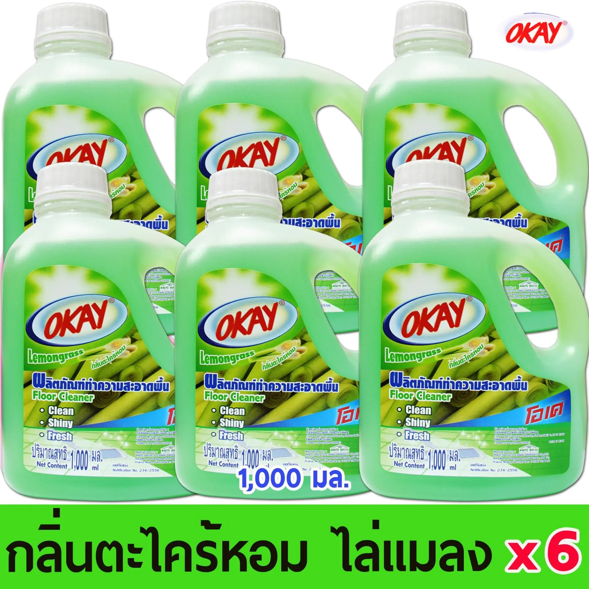 OKAY โอเค น้ำยาทำความสะอาดพื้น แพค 6 (FCG*6) น้ำยาถูพื้น กลิ่นตะไคร้ ไล่แมลง 1000 มล.