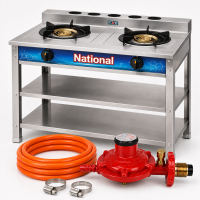 เตาแก๊ส 2 หัว National TG-205 S สแตนเลสทั้งตัว หัวทองเหลือง ไฟแรง พร้อมชั้นวาง เหมาะงานหนัก