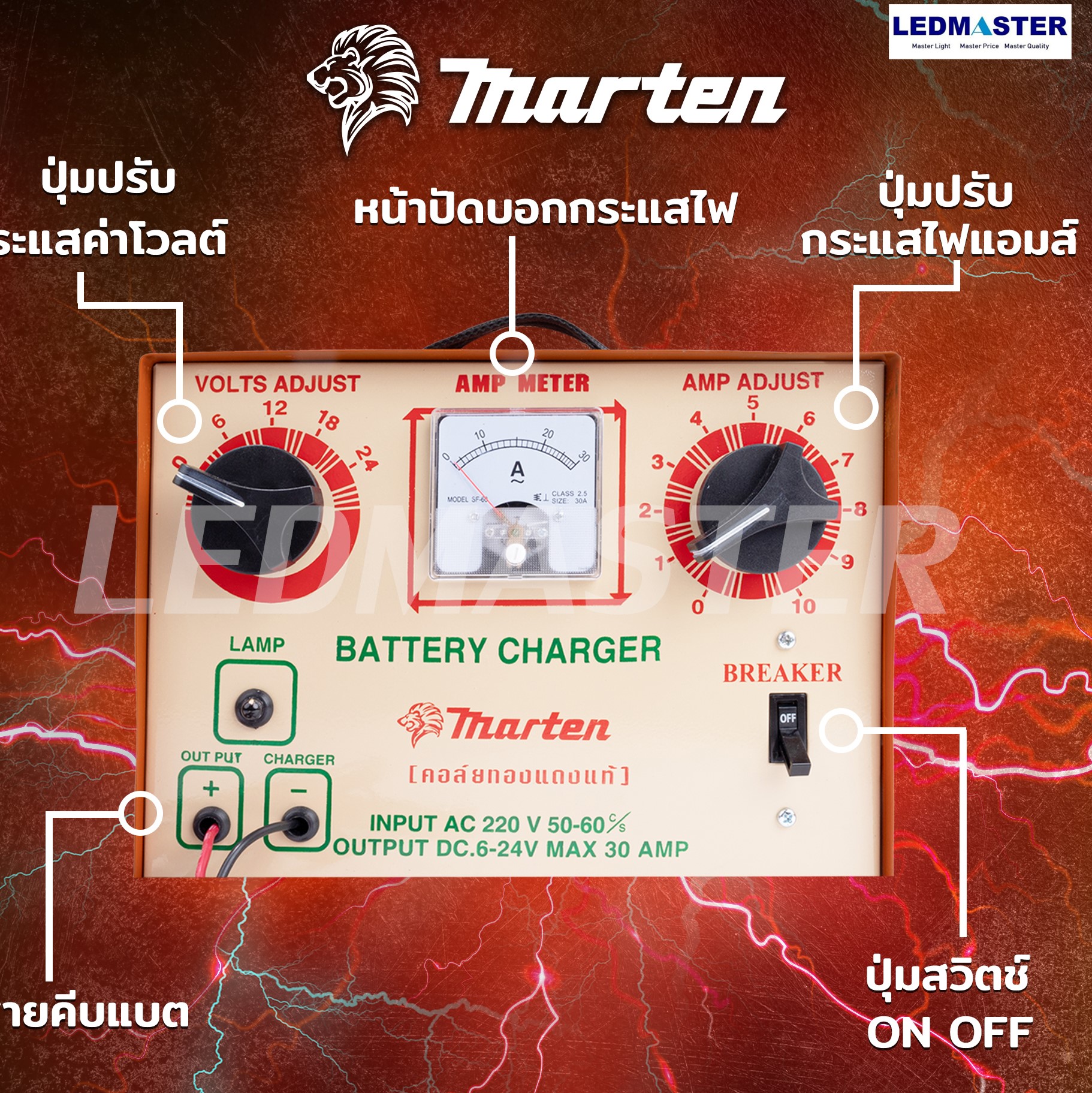ตู้ชาร์ตแบตเตอรี่ MARTEN ปรับโวลท์ได้ 6,12,18,24 โวลท์ ตัวคอล์ยทองแดงแท้ ทนทาน