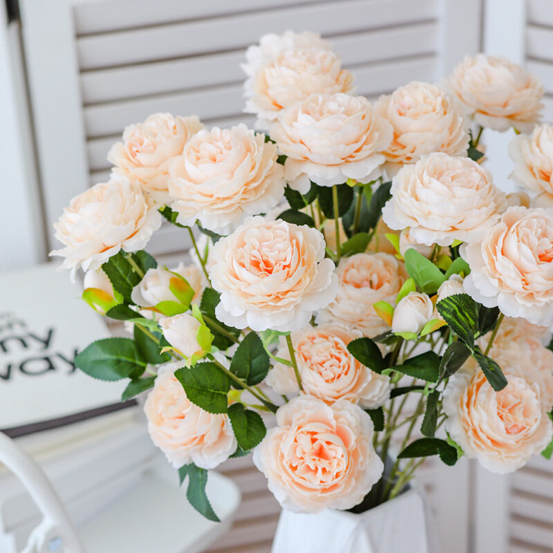 ดอกไม้ประดิษฐ์ 1 Bouquet 3 Heads Artificial ดอกโบตั๋นPink White Peonies Silk Flower  / Silk Peony Artificial Flowers / Wedding Garden Decoration / Fake Flower