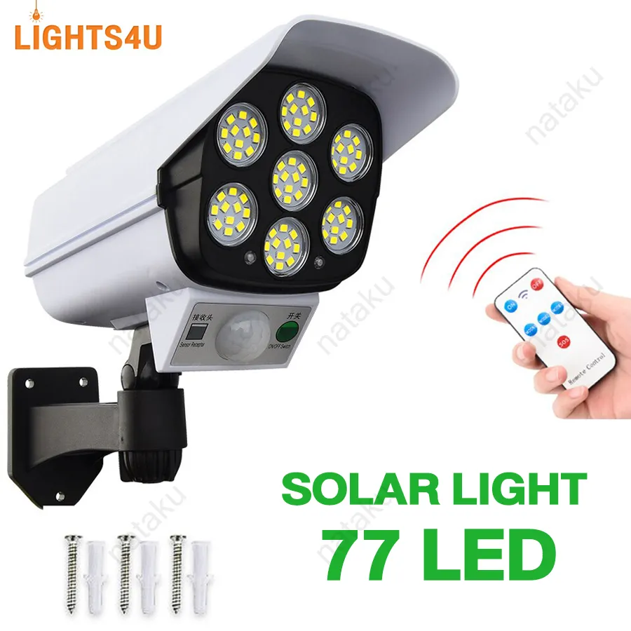 lights4u ไฟโซล่าเซลล์ ไฟติดผนัง 77LED ไฟled ไฟโซล่าเซล สไตล์กล้องวงจรปิด 3โหมด พร้อมรีโมทคอนโทลไร้สาย ไฟสว่างจ้า กันน้ำ ทนแดด 100%