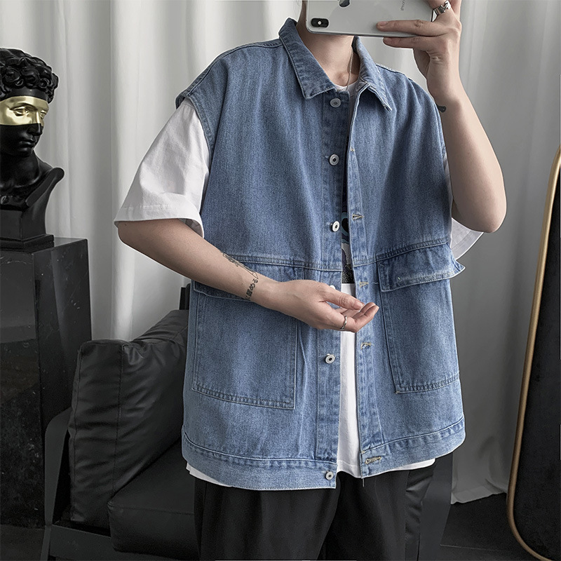 Spring and Autumn Sleeveless Coat Men's Fashion Brand Loose Hong Kong Style Denim VestinsTrendy Couple Waistcoat Student Vest