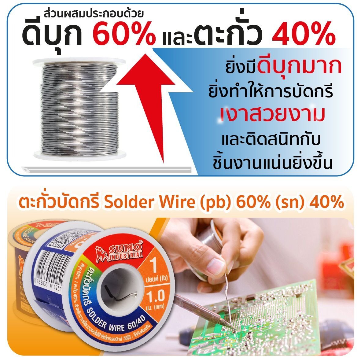 ตะกั่ว ตะกั่วบัดกรี 60/40 1.0มม. หนัก 1.0 ปอนด์ SUMO บัดกรีง่าย ไหลดี ฟลักซ์ไม่เยิ้ม ไม่เป็นคราบ ควันน้อย กลิ่นไม่ฉุนปลอดสารพิษ ราคา 1,435 บาท*ส่งฟรี