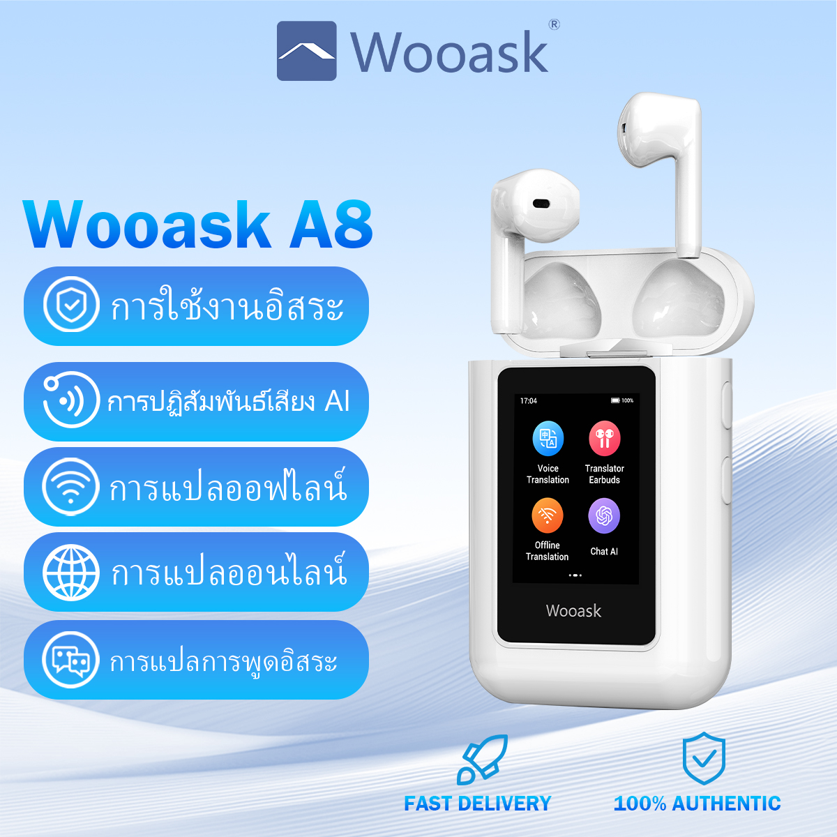 Wooask A8 AI Translator Earbuds Wireless ChatGPT TransBuds Offline Translator Earphones Bluetooth with Touchscreen & Independent Operation No App Real-Time Translation