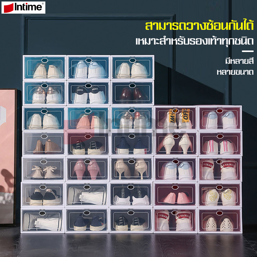 Shoe box, shoe rack, shoe box, open shoe box, stackable storage, shoe storage box are available in 2 sizes. ราคา 21 บาท*ส่งฟรี