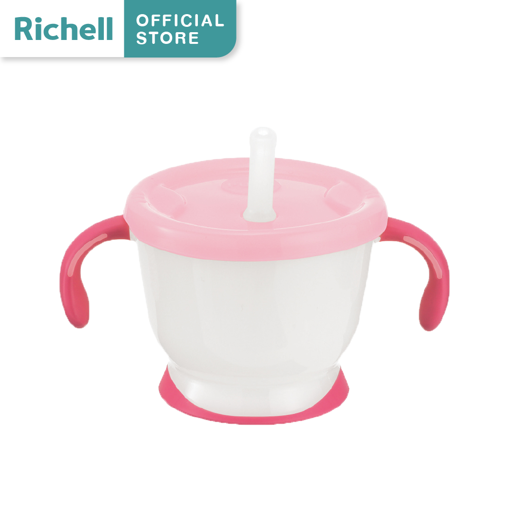 Richell Baby(ริเชลล์) ถ้วยฝึกดูดสีใหม่!! รุ่น AQ มีปุ่มกดน้ำ สำหรับเด็กฝึกดูดหลอด หลอดกันสำลัก(150มล.)