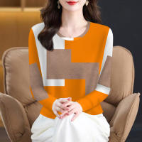 XANLYSHE เสื้อยืดสั้นผู้หญิงลายตัดสีทันสมัย เนื้อผ้าใส่สบาย ดีไซน์คอจีน ช่วยซ่อนพุง ใส่ได้ทุกวัน