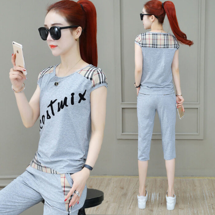 Sports suit female summer short-sleeved 2020 new ladies large size cropped trousers Korean stitching fashion casual two-piece suit TZ-GZ04