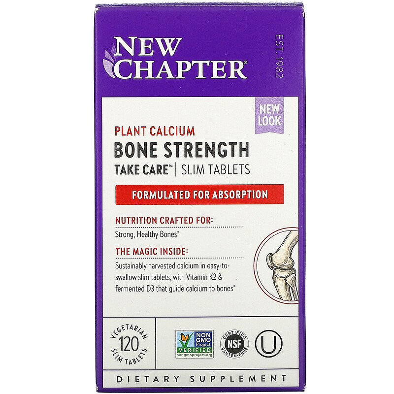 แคลเซียม New Chapter, Bone Strength Take Care, 120 Vegetarian Slim Tablets Calcium วิตามินดี D3 วิตามินเค K2