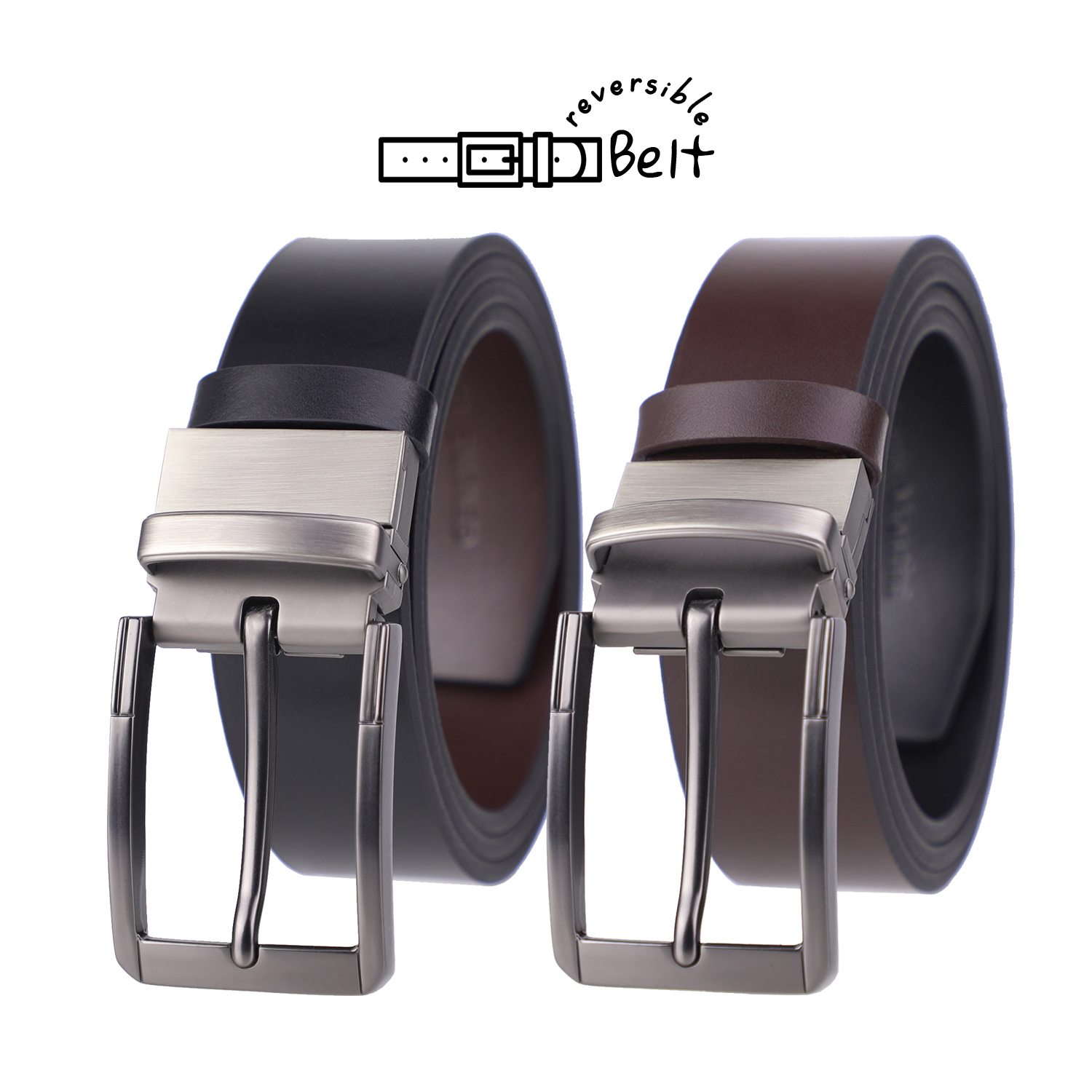 Louis Montini Reversible Belt for Everyday Look เข็มขัดผู้ชาย หนังวัวแท้ หัวกิ๊บหมุนได้ Cowhide Men belt (2-Sided Belt) - MGN236