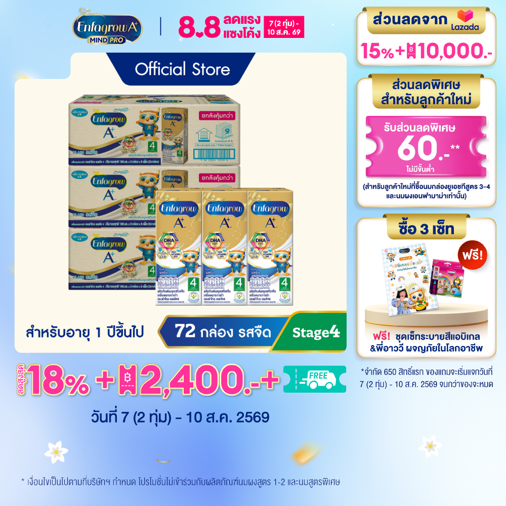 นมกล่อง เอนฟาโกร ยูเอชที สูตร4 ชนิดจืด (24 กล่อง) x3 ลัง Enfagrow UHT Stage4 Plain (24 boxes) x3 cases *แพ็คเกจอยู่ระหว่างการเปลี่ยนแปลง