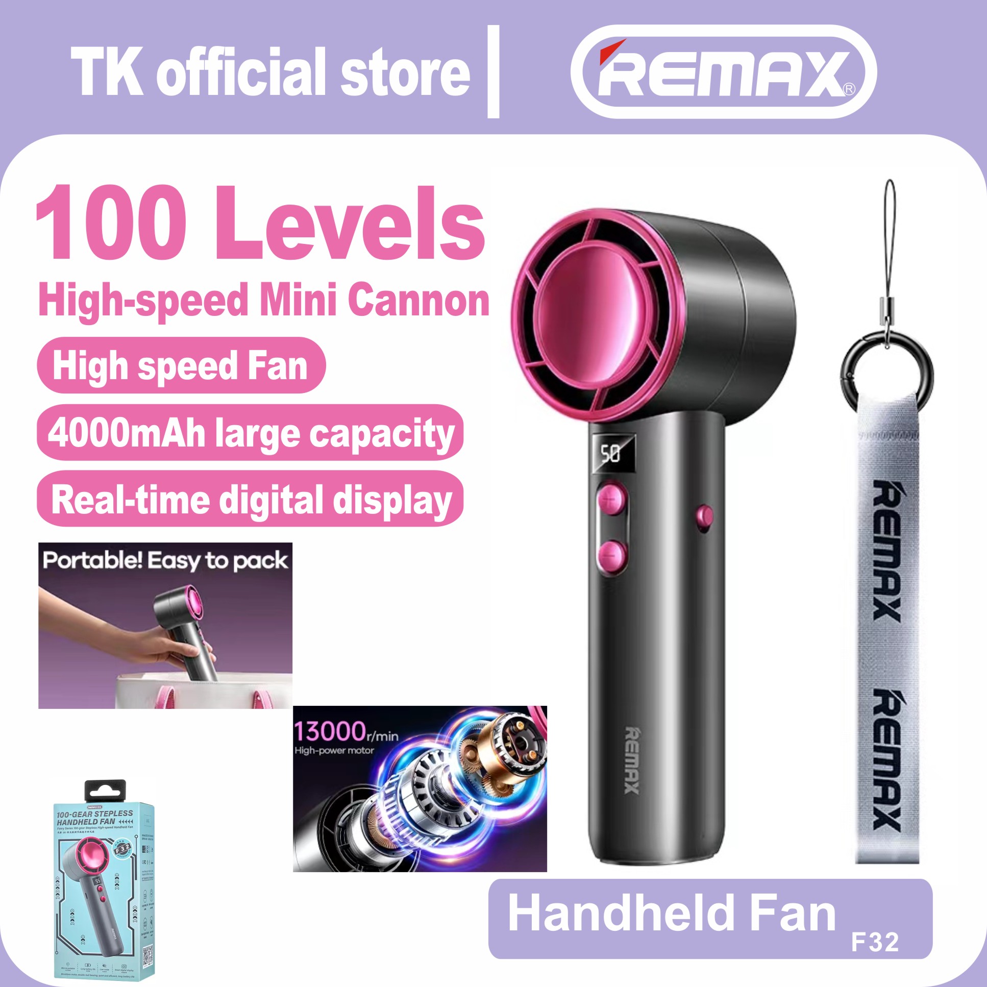 Remax F32 handheld fan adjustable up to 100 levels capacity 4000mAh small wind ราคา 479 บาท*ส่งฟรี