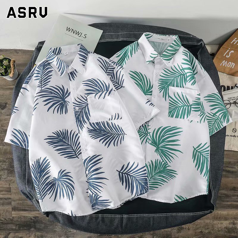 ASRV Hawaiian flower shirt men's retro casual shirt loose beach vacation floral couple short-sleeved shirt tide ราคา 124 บาท*ส่งฟรี