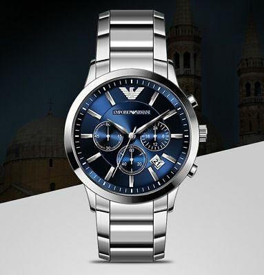 นาฬิกาผู้้ชาย นาฬิกาผช Emporio Armani AR2448 ผู้ชายเงินสแตนเลสดูแบรนด์ธุรกิจสบาย ๆ - สีฟ้าของแท้