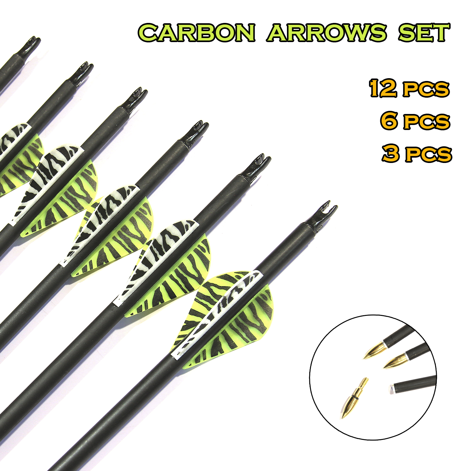 3 - 12  Pcs Mixed carbon Arrows set Spine 500 , 30 Inches Diameter 7.8 Removable Arrow heads with plastic Feather