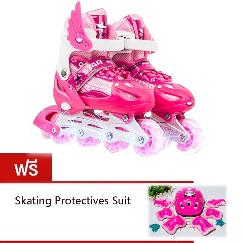 In-line Skate รองเท้าสเก็ตสำหรับเด็กของเด็กหญิงและชาย โรลเลอร์สเกต รองเท้าสเก็ต โรลเลอร์เบลด Roller Blade Skate รุ่น S M L Free skating Protective suit (Pink)