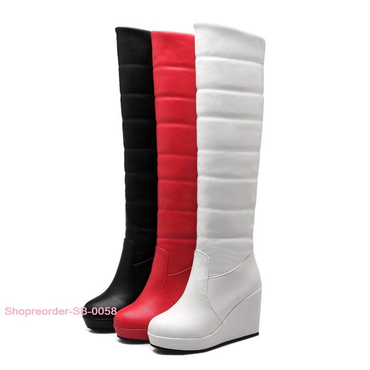 รองเท้าบูธยาว กันหนาว ออกแบบมาเพื่อให้ผู้ใส่ดูสูงเพรียว ขาเรียว โดยเฉพาะ ผิวเป็นหนัง PU เกรดพรีเมี่ยม บุในด้วยกำมะหยี่ กันน้ำ กันหิมะ 3 สี ดำ ขาว แดง ไซส์ 34 ถึง 39