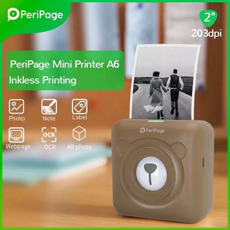 เครื่องปริ้นพกพา เครื่องปริ้นฉลาก เครื่องปริ้นไร้หมึก PeriPage A6 ของแท้ PeriPage Mini Printer A6 เเถมเคสใส1+สติ๊กเกอร์6ม้วน